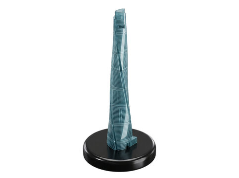 Glass skyscraper miniature model with twisting spiral design on black base stand.