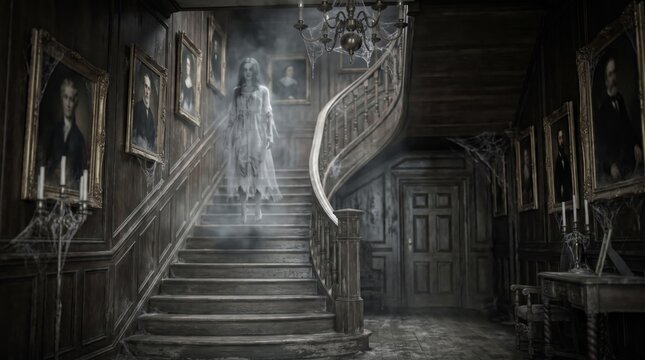 Ghostly Victorian woman levitating above the stairs inside a dark abandoned mansion with eerie portraits