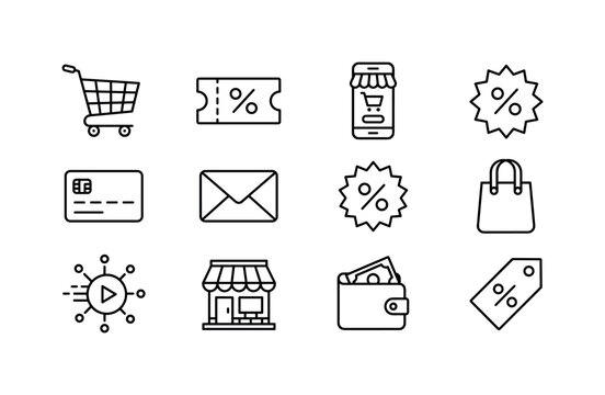 Online Shopping Marketing, line icon set featuring shopping cart, coupon, smartphone, credit card, email, sale badge, social network nodes, shopping bag, video ad, store, payment wallet and discount
