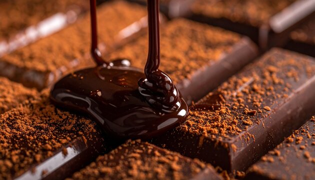 Dark melted chocolate syrup pouring over a textured chocolate bar with chocolate close up confectionery culinary indulgent