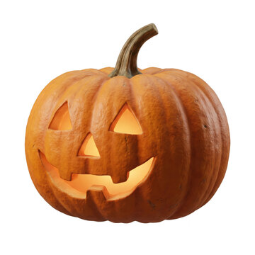 A glowing jackolantern pumpkin with a carved face, isolated on transparent background