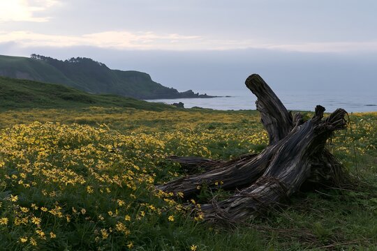 Ishikawa coastal meadow storm washed driftwood in floral setting