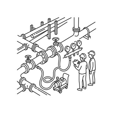 Inspectors monitor pressure gauges along an industrial pipeline system with testing equipment.