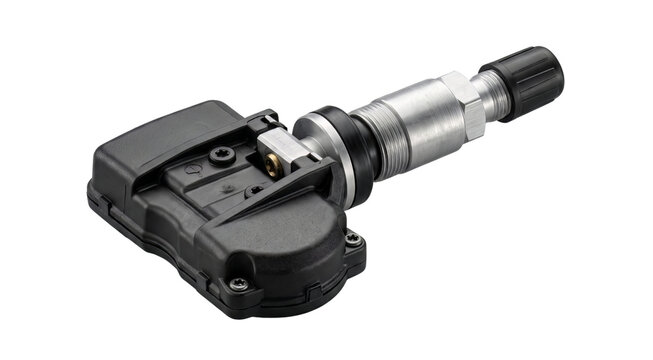 Tire pressure monitoring system sensor rests isolated against a transparent background.