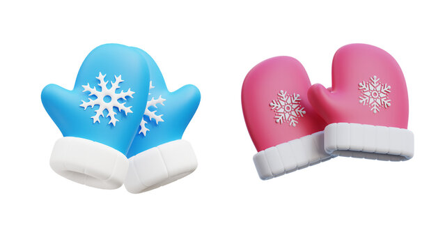 3D winter mittens icon set, blue and pink seasonal gloves with snowflakes, cute cartoon winter clothing for holiday design