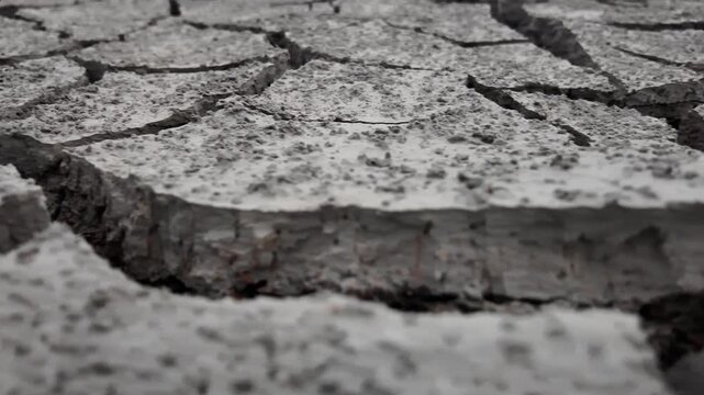 Close up cinematic footage of parched cracked earth during severe drought.