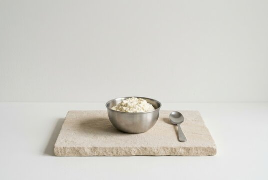 Curds and spoon on stone slab minimal still life