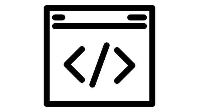 Minimalist black and white web development icon featuring a browser window symbol with programming brackets representing coding software 2
