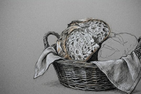 Rustic bread basket illustration with sliced sourdough loaves