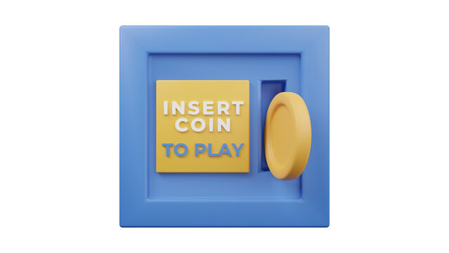 3D illustration of a blue arcade machine coin slot with a gold coin being inserted and the text INSERT COIN TO PLAY on a yellow sign.