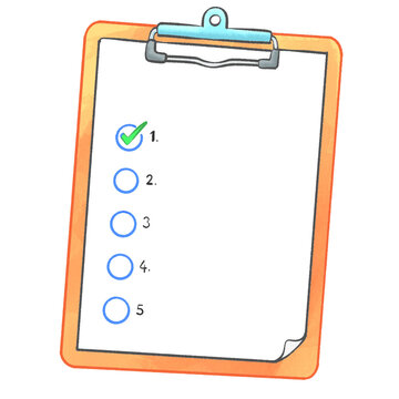 Hand Drawn Clipboard with Blank Checklist Paper, Green Checkmark and Numbered List, Cute Cartoon Illustration Isolated on Transparent Background