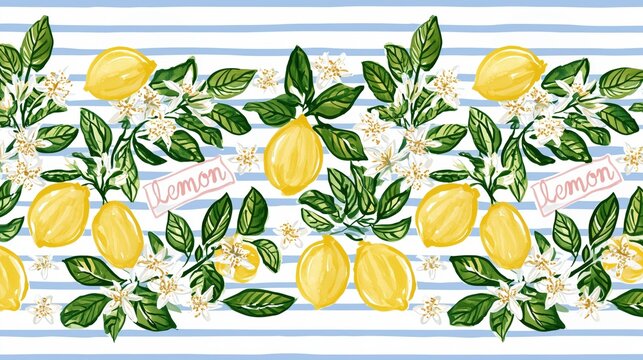 watercolor lemons in sunny yellow, detailed mini botanical branches with lush green leaves and light blue stripes in Greek style