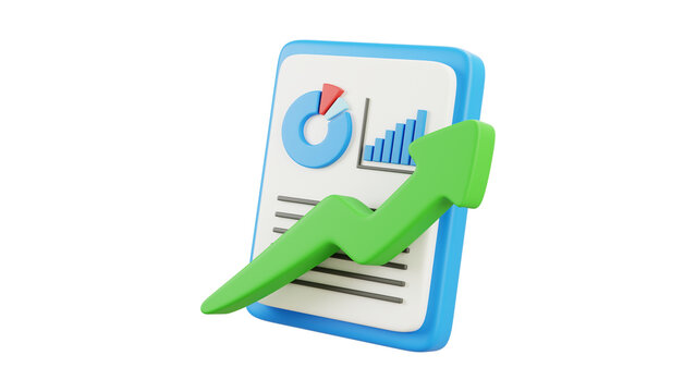 A 3D illustration of a business growth report with a rising green arrow, symbolizing financial progress and data analysis, 51 style.