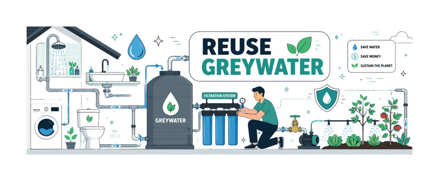 Greywater Reuse Visual Series. A clean editorial banner showing a homeowner routing household greywater to a garden, with an oversized storage tank and filter as the main objects, plus sink drain,