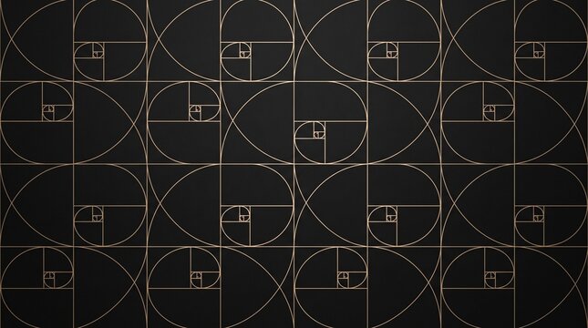 Golden ratio spiral geometric seamless pattern background on luxury dark black surface for architectural design