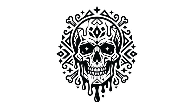 Stylized tribal skull illustration with decorative ornaments and dripping paint effect.