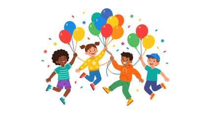 Fototapeta premium Joyful children celebrating with colorful balloons and confetti