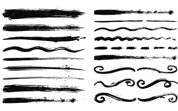 Grunge black ink brush strokes, hand drawn paint line collection, artistic charcoal dividers and borders on white background