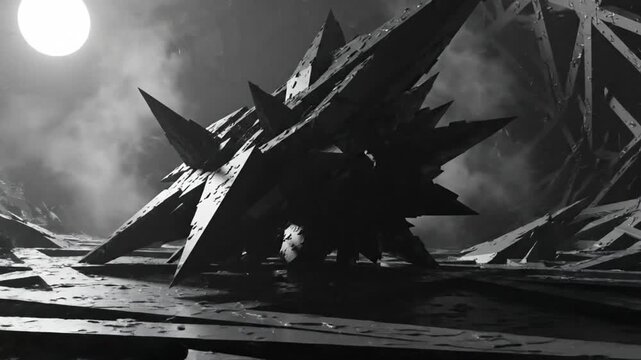 Abstract grayscale animation of a dark spiky geometric form in a surreal environment with a full moon