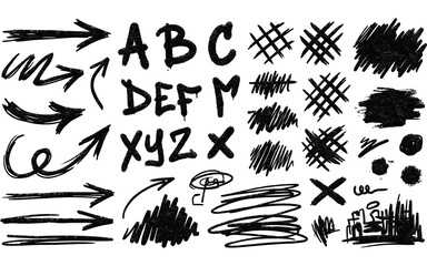 Fototapeta premium Hand drawn black ink scribbles and arrows set. Grungy charcoal alphabet letters and abstract marks. Messy marker brush strokes on white.