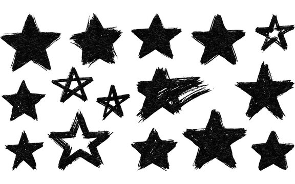 Grunge hand drawn star icons set, black ink brush stroke star shapes on white, textured charcoal sketch celestial elements
