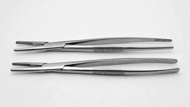 Medical forceps and surgical tweezers set on white background