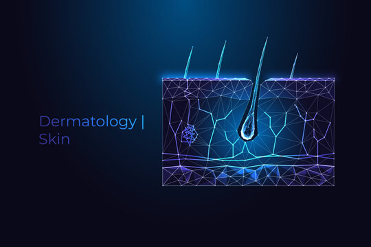 Human skin cross section with hair follicle, mole and blood vessels, Glowing blue neon illustration