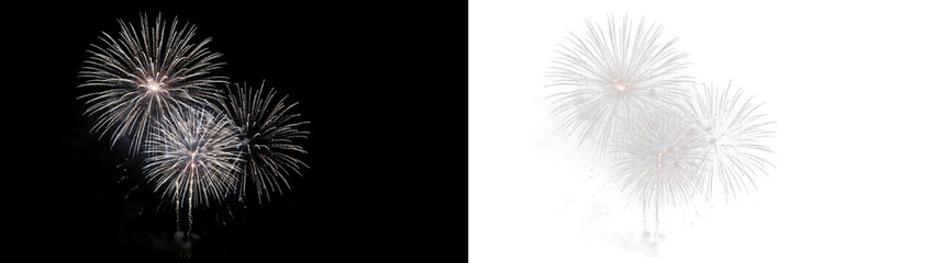 Fototapeta premium Bright white fireworks display in the night sky, festive celebration with multiple explosive bursts of light and sparks creating a beautiful pyrotechnic pattern isolated on transparent background