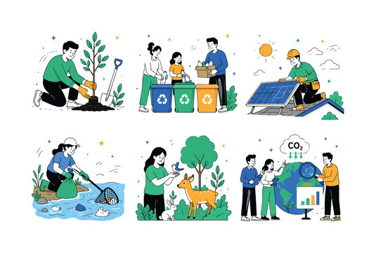 Earth Protection Stories, colorful editorial illustration set with exactly 6 small editorial illustrations in a 3x2 layout: person planting tree, family recycling, worker installing solar panel,