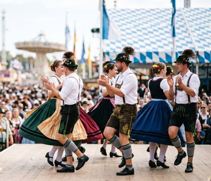 Traditional Bavarian couples performing a lively folk dance in colorful costumes at an outdoor festival
