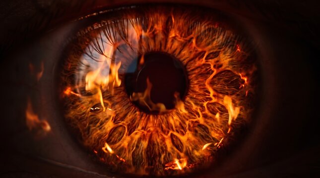 Close up macro photography of a human iris burning with intense flames symbolizing powerful vision and fiery passion