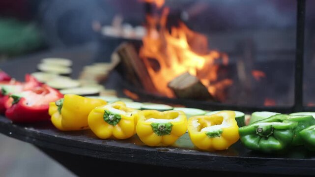 Colorful bell peppers and zucchini grilling on round barbecue grill with smoke. Fresh vegetables cooking over charcoal fire. Street food and outdoor barbecue concept.