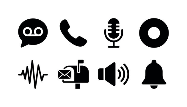 Voicemail Call Recording, solid glyph icon set featuring voicemail symbol, phone receiver, microphone, recording circle, audio waveform, inbox, speaker, notification bell, covering voicemail, call