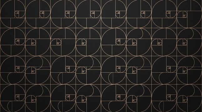 Luxury Fibonacci golden ratio line art pattern backdrop on black texture for modern branding and wallpaper