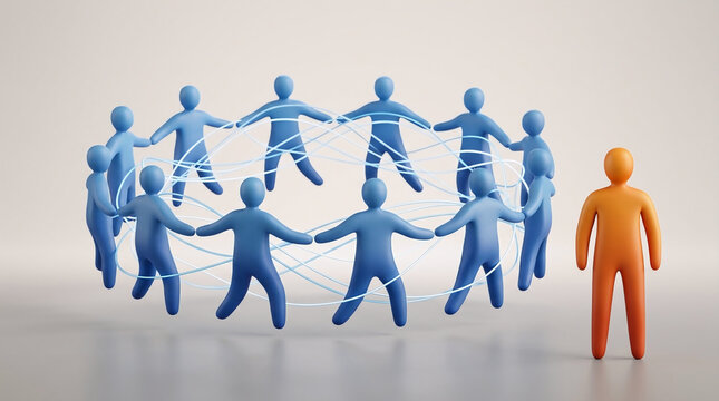A 3D conceptual illustration showing a group of figures connected in a circle while an orange figure stands outside, symbolizing exclusion, solitude, outcast, and social connection.