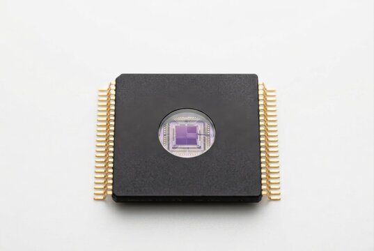 Microchip with gold pins on white background for electronics and computing