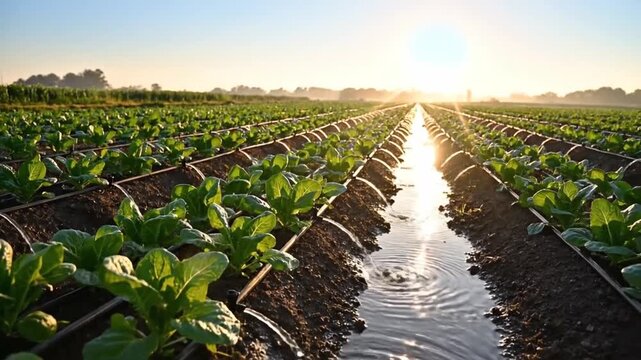 Irrigation system carries water between green plants, creating bright reflective channels under early sun. Long rows stretch across farmland, with moisture soaking soil around each growing plant.