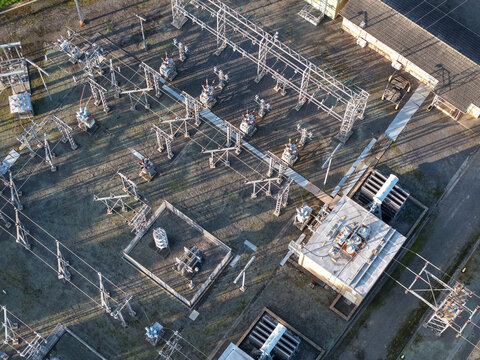 Croydon, Victoria, Australia - 02 September 2026: Aerial view of the Croydon Zone Substation, showing electrical transformers, metal structures, and power lines in an industrial setting.