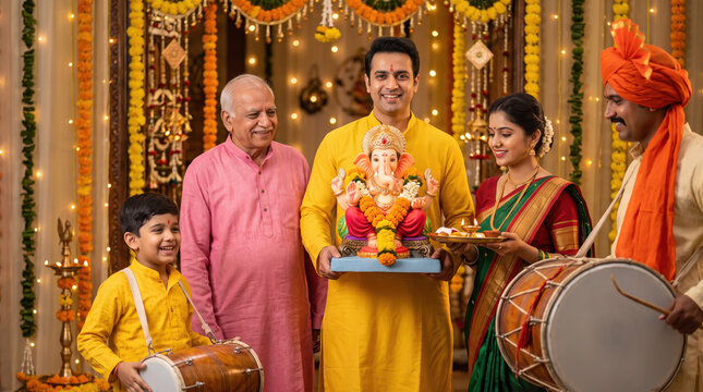happy indian family celebrating lord ganesha festival together at home