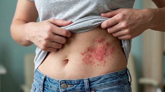 Close up of patient showing shingles herpes zoster painful vesicular rash on abdomen skin for medical concept