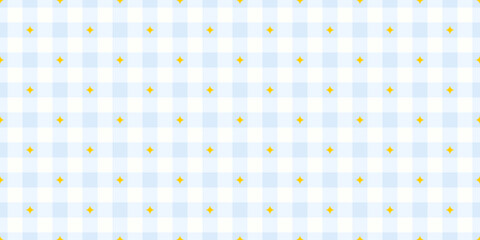 Obraz premium Pastel blue gingham seamless pattern with yellow stars. Coquette plaid background. Cozy print for tablecloth textile, picnic blanket and napkin. Soft vichy checkered pattern. Vector illustration