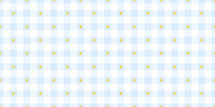 Pastel blue gingham seamless pattern with yellow stars. Coquette plaid background. Cozy print for tablecloth textile, picnic blanket and napkin. Soft vichy checkered pattern. Vector illustration