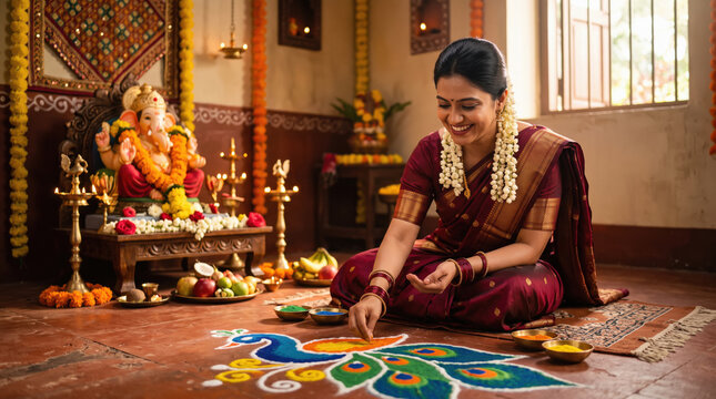 young indian woman wearing traditional sari making rangoli on lord ganesha festival