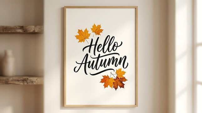 Hello autumn calligraphy poster in wooden frame