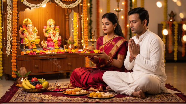young indian couple doing lord ganesha pooja together at home