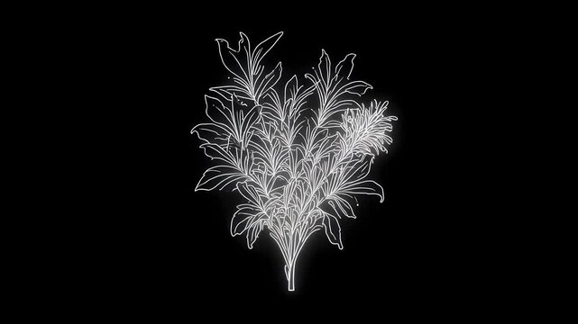 White Neon Line Art Sensitive Mimosa Plant with Folding Leaflets on Black Background