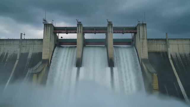 Low angle view of massive hydroelectric dam floodgates with powerful cascading water and thick mist under moody stormy sky