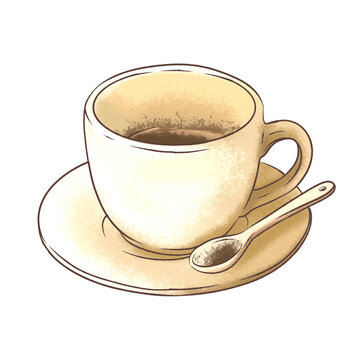 Hand Drawn Coffee Cup with Saucer and Spoon, Warm Cream Colored Coffee Mug Illustration Isolated on Transparent Background