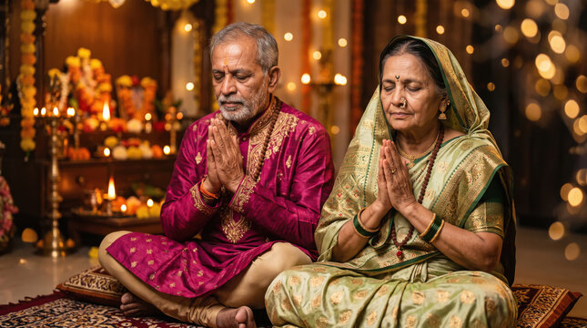happy indian family doing pooja on lord ganesha festival