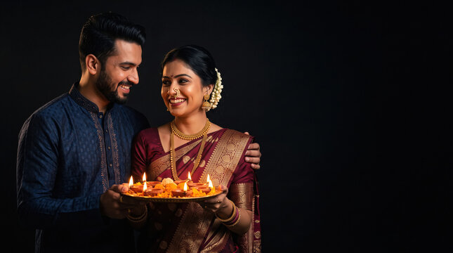 young indian couple holding pooja thali standing together at home